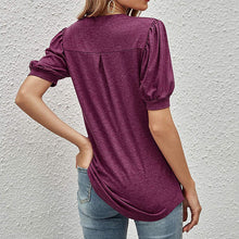 Afbeelding in Gallery-weergave laden, Casual los T-shirt met v-hals in effen kleur en pofmouwen
