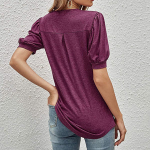 Casual los T-shirt met v-hals in effen kleur en pofmouwen