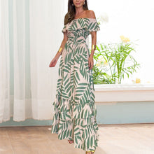 Afbeelding in Gallery-weergave laden, Plant Smiles bedrukte off-shoulder maxi-jurk met elastische taille
