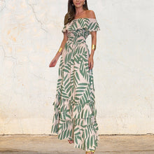 Afbeelding in Gallery-weergave laden, Plant Smiles bedrukte off-shoulder maxi-jurk met elastische taille

