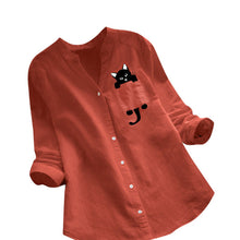 Afbeelding in Gallery-weergave laden, Blouse met V-hals van katoen en kattenprint met lange mouwen
