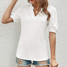 Afbeelding in Gallery-weergave laden, Casual los T-shirt met v-hals in effen kleur en pofmouwen
