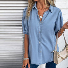 Afbeelding in Gallery-weergave laden, Light Blue Button Half Sleeve Shirt Collar Blouse
