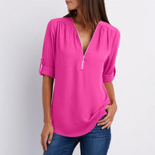 Afbeelding in Gallery-weergave laden, V-hals Rits Patchwork Effen blouses

