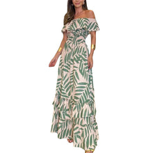 Afbeelding in Gallery-weergave laden, Plant Smiles bedrukte off-shoulder maxi-jurk met elastische taille
