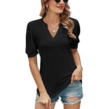 Afbeelding in Gallery-weergave laden, Casual los T-shirt met v-hals in effen kleur en pofmouwen

