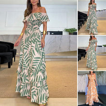 Afbeelding in Gallery-weergave laden, Plant Smiles bedrukte off-shoulder maxi-jurk met elastische taille
