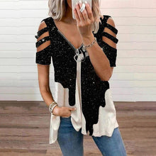 Afbeelding in Gallery-weergave laden, T-shirt met V-hals en rits en print

